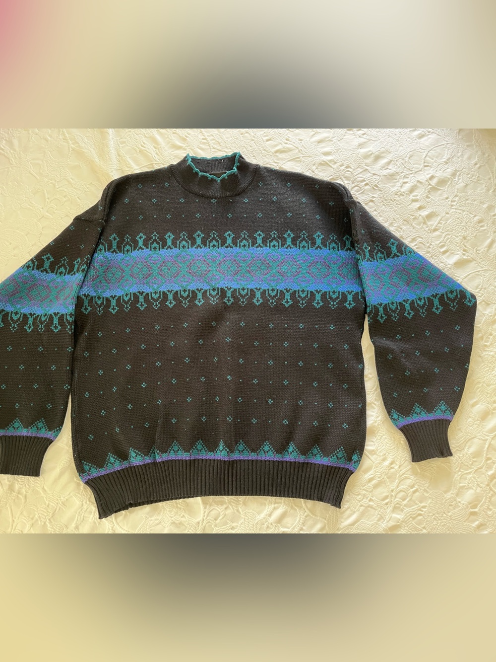 Vintage Demetre Women’s Nordic Ski 100% Wool Sweater, Black/Blue/Green, Large